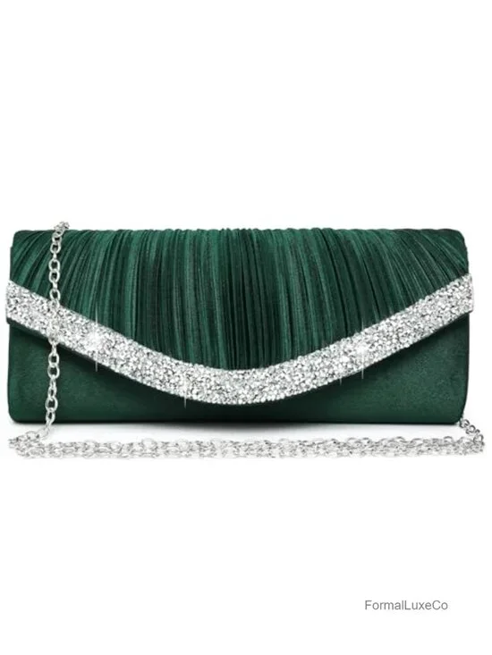 Satin Evening Clutch with Rhinestone Trim Detachable Chain Strap