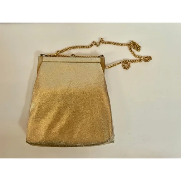 Vintage Gold Metallic Evening Bag Kiss Lock Chain Strap Formal‎ Clutch Handbag