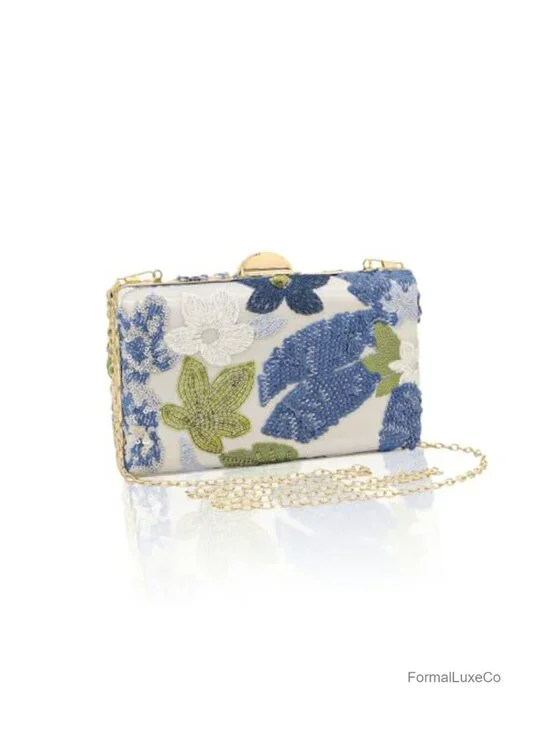 Embroidered Floral Sequin Evening Clutch with Detachable Chain Shoulder Bag
