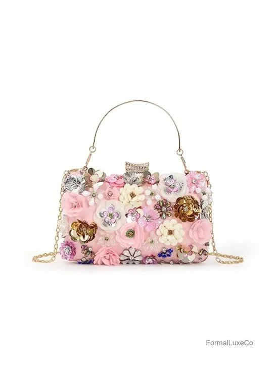 Evening Clutch Handbag with Multi-Colored 3D Flowers and Chain Strap