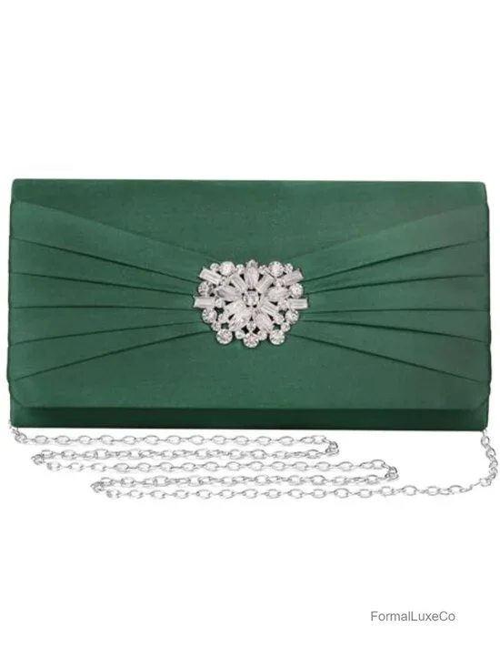 Pleated Satin Rhinestone Brooch Prom Clutch Purse with Detachable Chain Strap