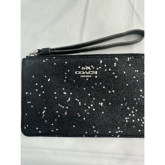 Coach Black Silver Star Glitter Wristlet Wallet Women Zipper Closure Logo Accent