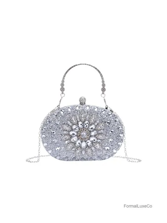 Crystal Rhinestone Clutch Evening Bag with Detachable Chain
