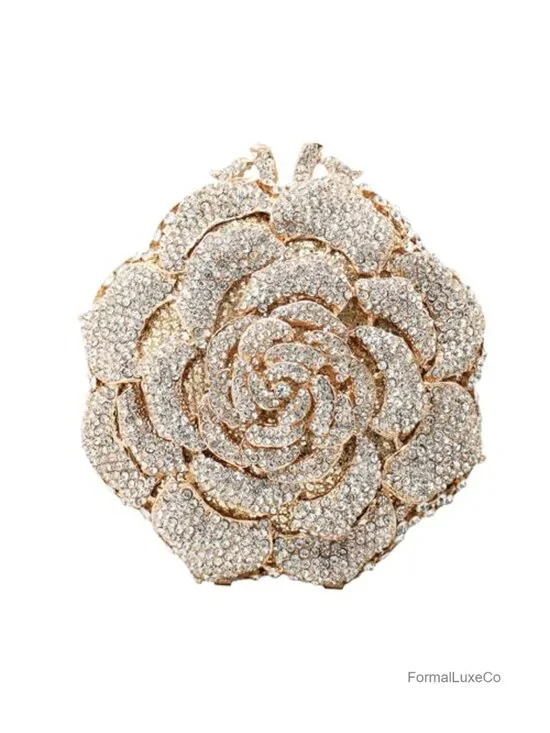 Rhinestone Rose Flower Clutch Bag Evening Purse with Detachable Chain