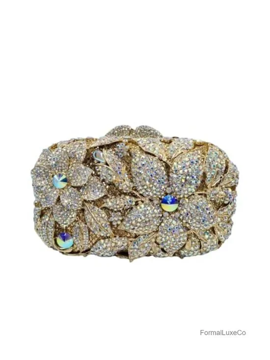 Handmade Rhinestone Clutch Purse with Flower Design Evening Bag Formal Party