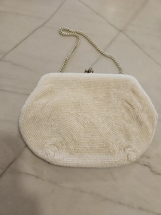 Vintage 1950s White Seed Bead Evening Purse Floral Hand Beaded Bag