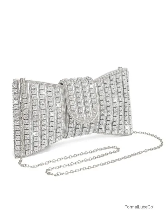 Vegan Leather Bowknot Rhinestone Clutch Purse with Chain