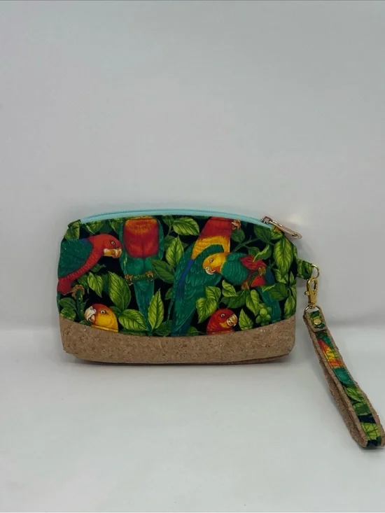 Handmade Tropical Parrot Cork Fabric Wristlet  Zipper Pouch Clutch Bag