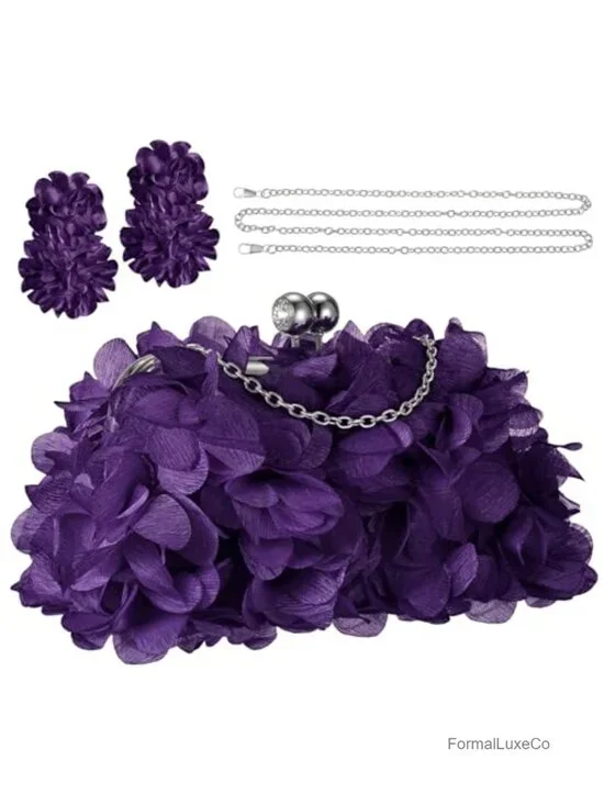 Floral Clutch Purse & Dangle Earrings Set with 2 Detachable Chains for Wedding