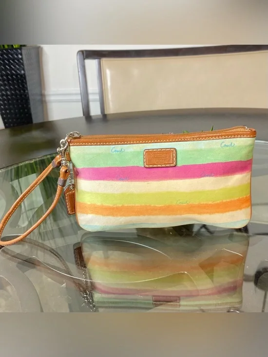 Coach Watercolor Rainbow Stripe Canvas Leather Wristlet Pouch Multicolor 41202