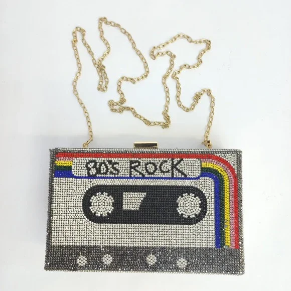 80s Rock Cassette Tape Rhinestone Box Clutch Bag  Crystal Minaudiere Retro