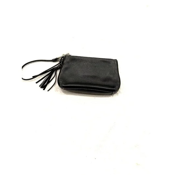 Vintage Coach Black Leather Wristlet Tassel Pouch Bag with White Stitching