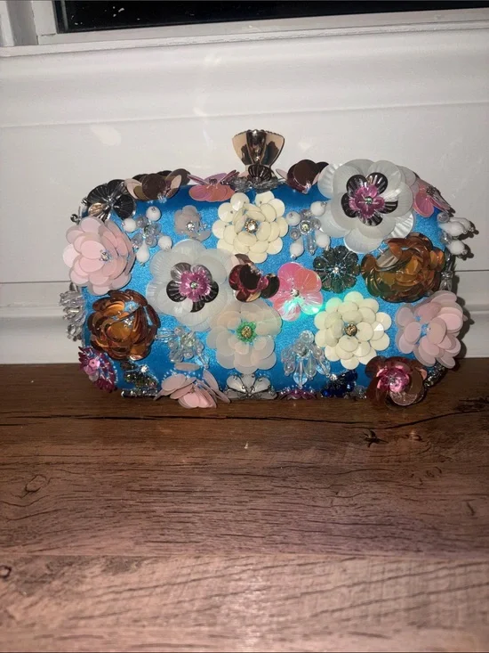 Embellished Floral Sequin Blue Evening Clutch