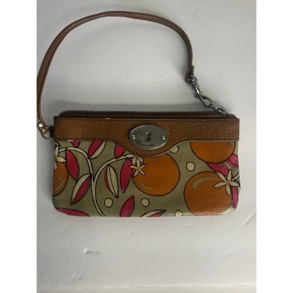 Fossil‎ Key-Per Small Wristlet Bag Multicolor Floral Pattern Brown Strap