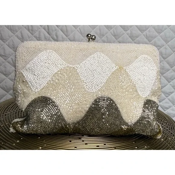Vintage Prom Beaded Clutch Purse Wavy‎ Pattern Metallic Shimmer Glass Seed Beads