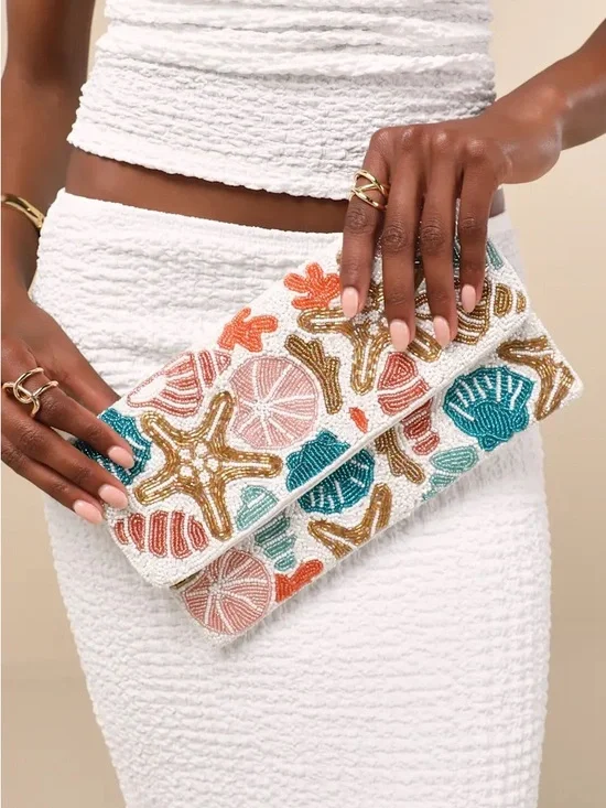 Beaded Seashell Clutch - White Multicolor