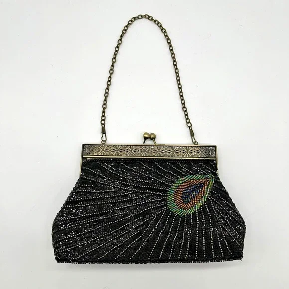 Peacock Black Clutch Purse Beaded Sequin Evening Bag Chain‎ Handle