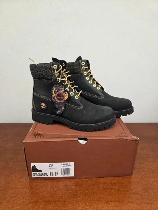 Timberland Heritage Boot Men Black Leather 6 Inch Lace-Up Waterproof Size 7.5