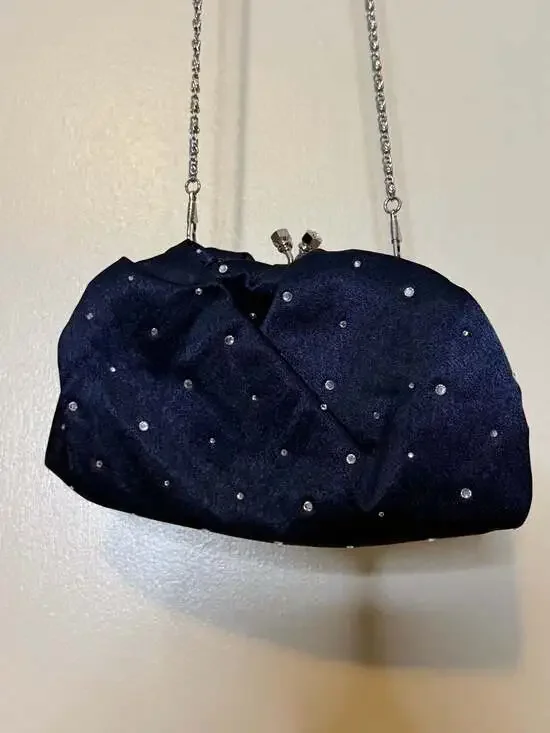 Vintage Black Satin Rhinestone Embellished Evening Clutch with Chain Strap