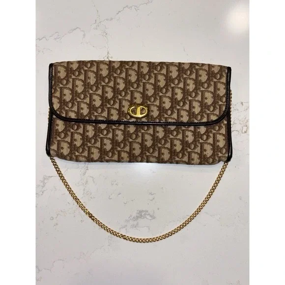 Dior Monogram Trotter Beige Brown Clutch Bag Gold Chain Shoulder Bag