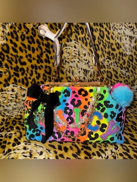 🌈NWT Custom Juicy Couture Neon Leopard Print Lisa Frank Kiss Lock Clutch Bag🌈