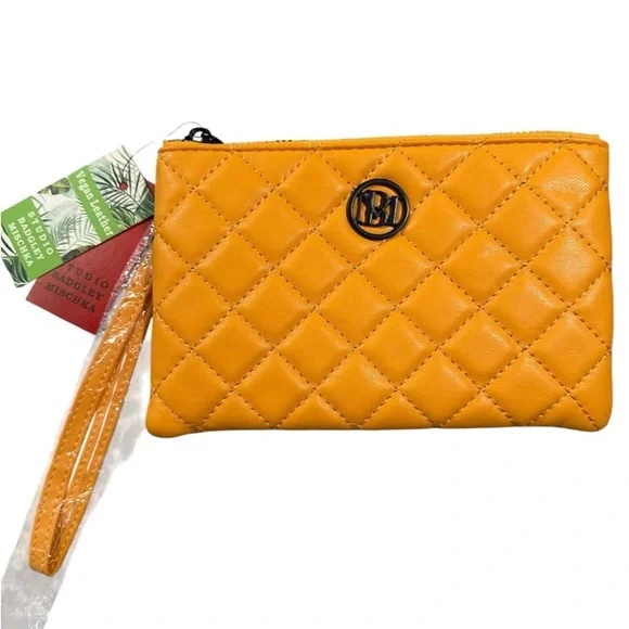 LMT: Badgley Mischka Quilted Logo Wristlet Pouch in Yellow Gold