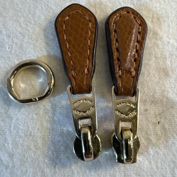2 Coach New York Gold Tone Brown Leather Replacement Zipper Pull & Slide & Ring