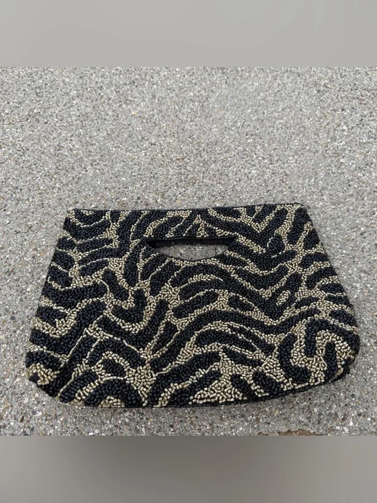 Rachel Zoe Black & Gold Beaded Zebra-Pattern Handbag purse clutch