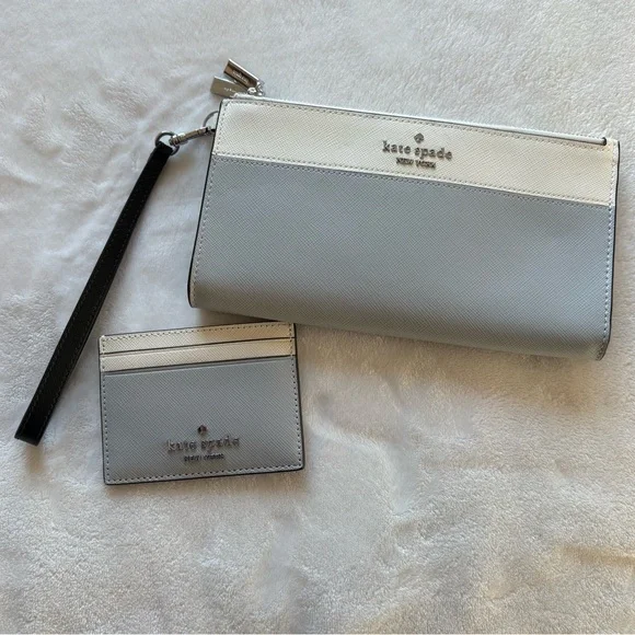 Kate Spade SET Madison Double Zip Wristlet + Small Slim Card Holder Grey/Ivory
