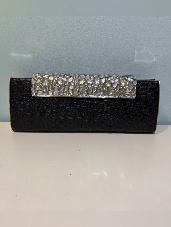Black Embossed Crocodile Print Evening Clutch Dramatic Crystal Accent & Chain