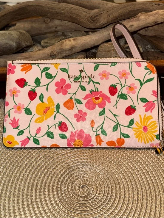 Kate Spade Large Floral Strawberry Pink Wristlet~Clutch NWOT