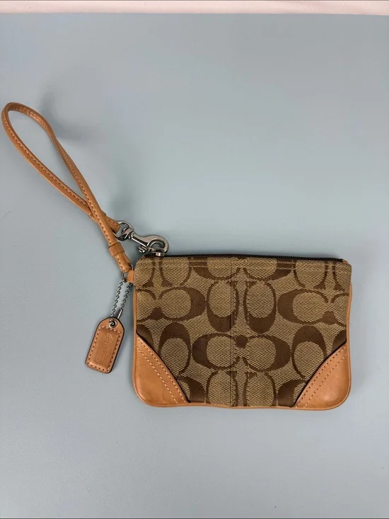 Coach Brown Signature Canvas Wristlet with Tan Leather Accents