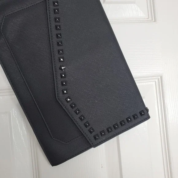 Steve Madden‎ Black Studded Envelope Clutch Crossbody Bag Saffiano Handbag