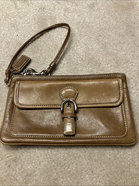 Coach Tan Leather Wristlet with Silver Buckle