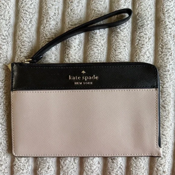 Kate Spade New York Saffiano Leather Wristlet Pouch Black Beige Colorblock
