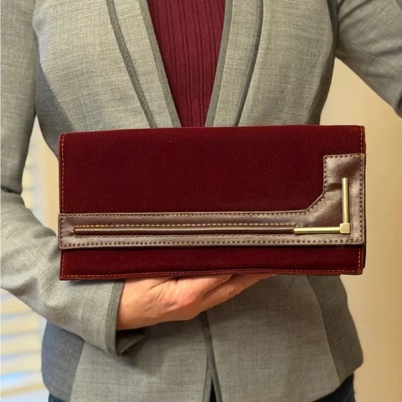 Vintage 1970s Archival Burgundy Velvet and Leather-Look‎ Geometric Clutch