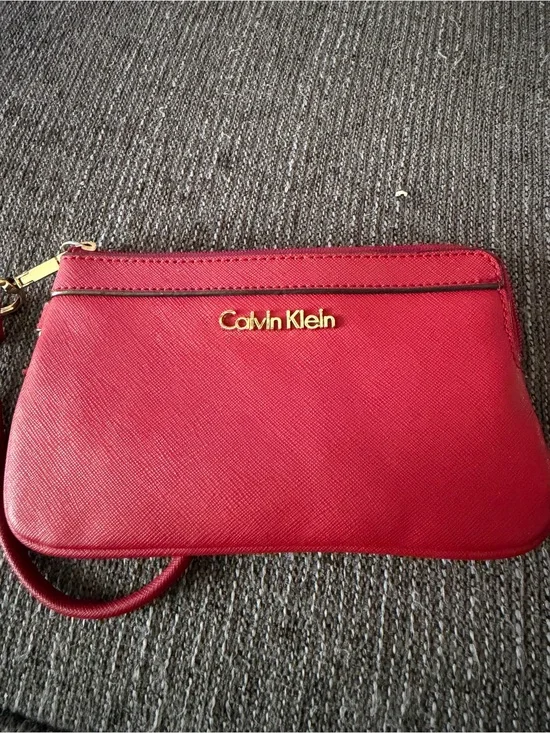 Calvin Klein Red Saffiano Wristlet with Gold Logo