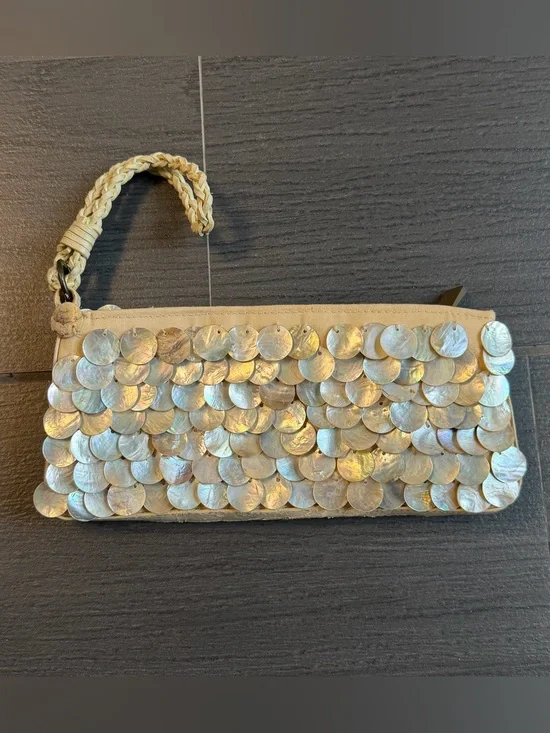 Express Iridescent Shell Sequin Wristlet in Cream