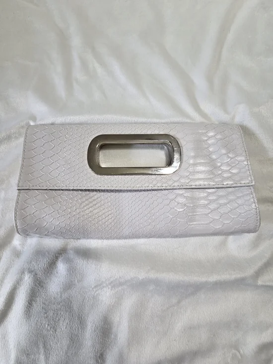 White Textured Faux-Snake Envelope Clutch with Metallic Handle Magnetic Closure