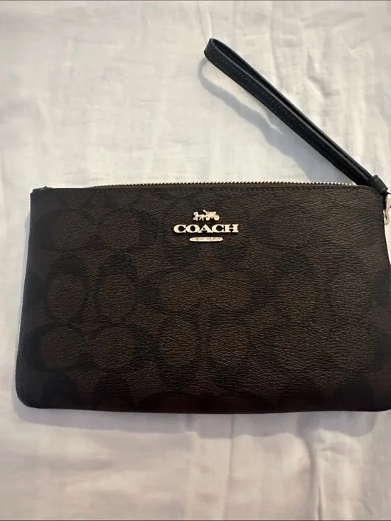 Coach Dark Brown and Black Signature Wristlet with Gold Logo