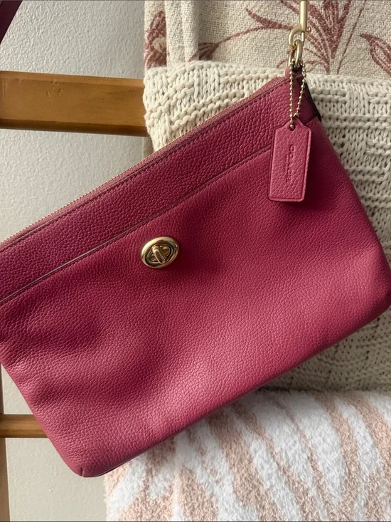 Coach Raspberry Pink Pebbled Leather Wristlet with Turnlock