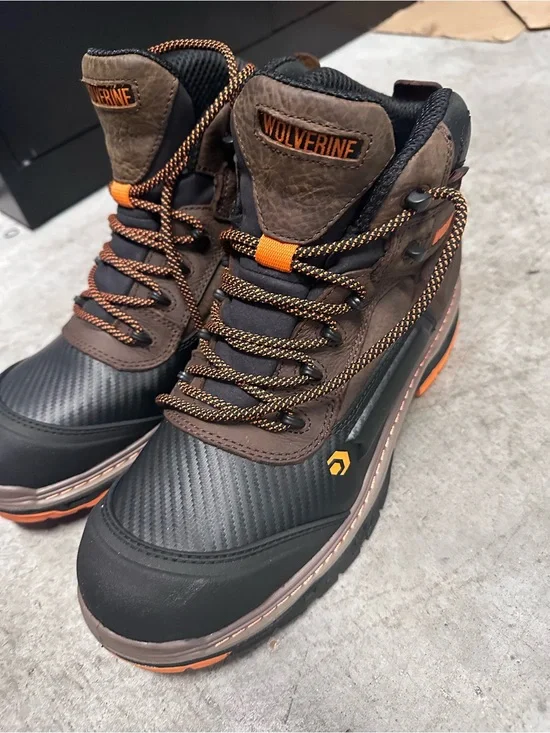 Wolverine Black and Brown Steel toe Work Boots with Orange Accents