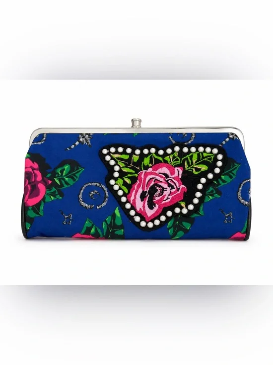 Betseyville by Betsey Johnson Floral Kiss Lock Wallet Clutch Blue Pink Roses