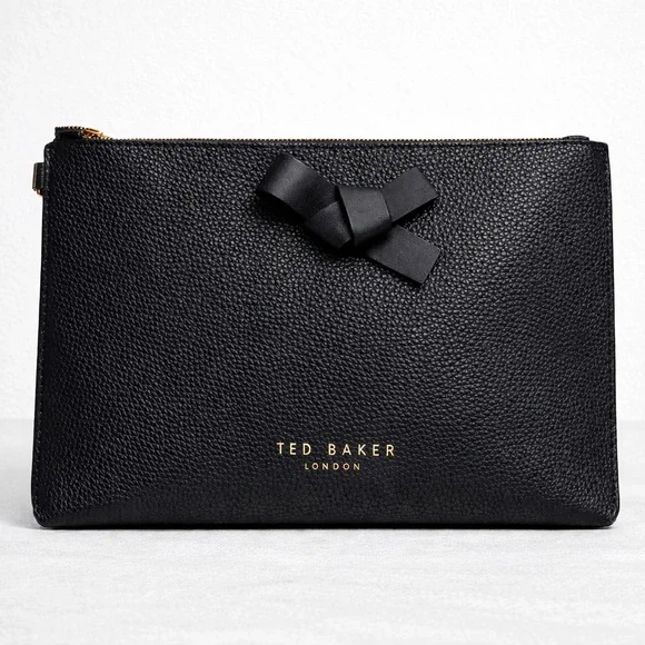 Ted Baker London Black Pebbled Leather Bow Clutch Cosmetic Bag NWOT