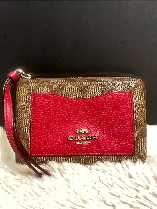 Coach Corner Color block Brown Signature Canvas Wristlet with Red Leather Pocket