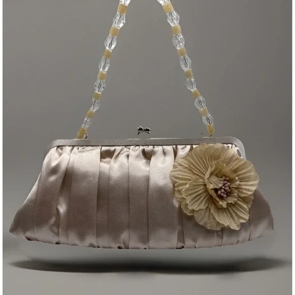 Vintage‎ Champagne Satin Pleated Evening Clutch with Beaded Strap By Sasha NY
