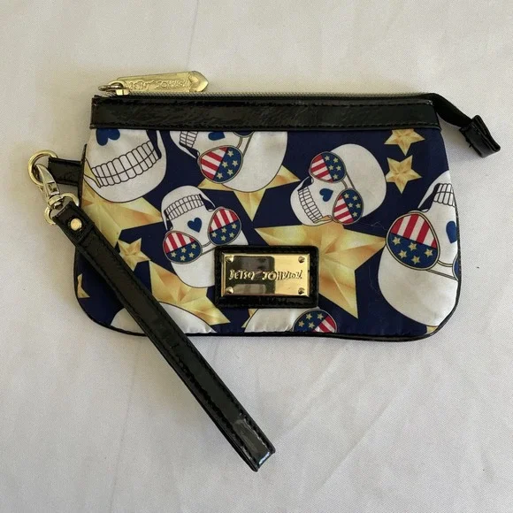 Betsey Johnson Skull Star‎ Americana Flag Wristlet Wallet Purse Retro Gold