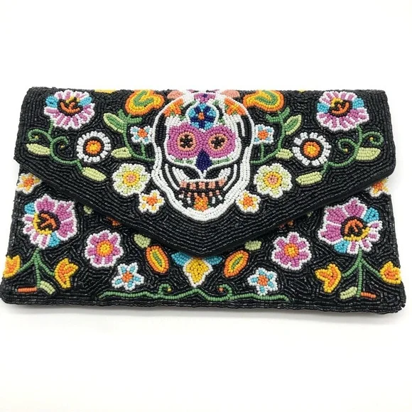Floral Skull Accented Seed Beaded Clutch or Crossbody Bag