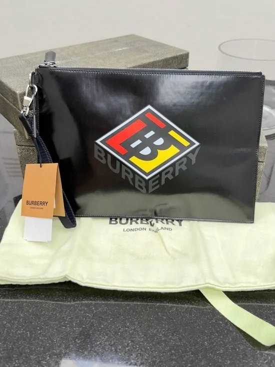 Burberry Black Gloss Leather Wristlet Pouch with Multicolor Logo