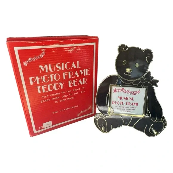 Vintage Haelo Acrylic Musical Teddy Bear Photo Frame Box Its A Small World WORKS